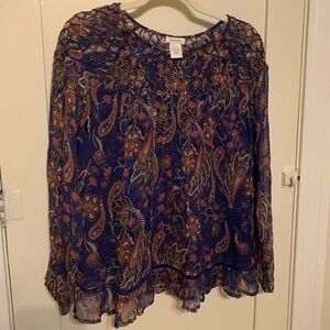 Sundance Catalog Indigo Blue Multi Paisley Diamond Smocked Peasant Top S…